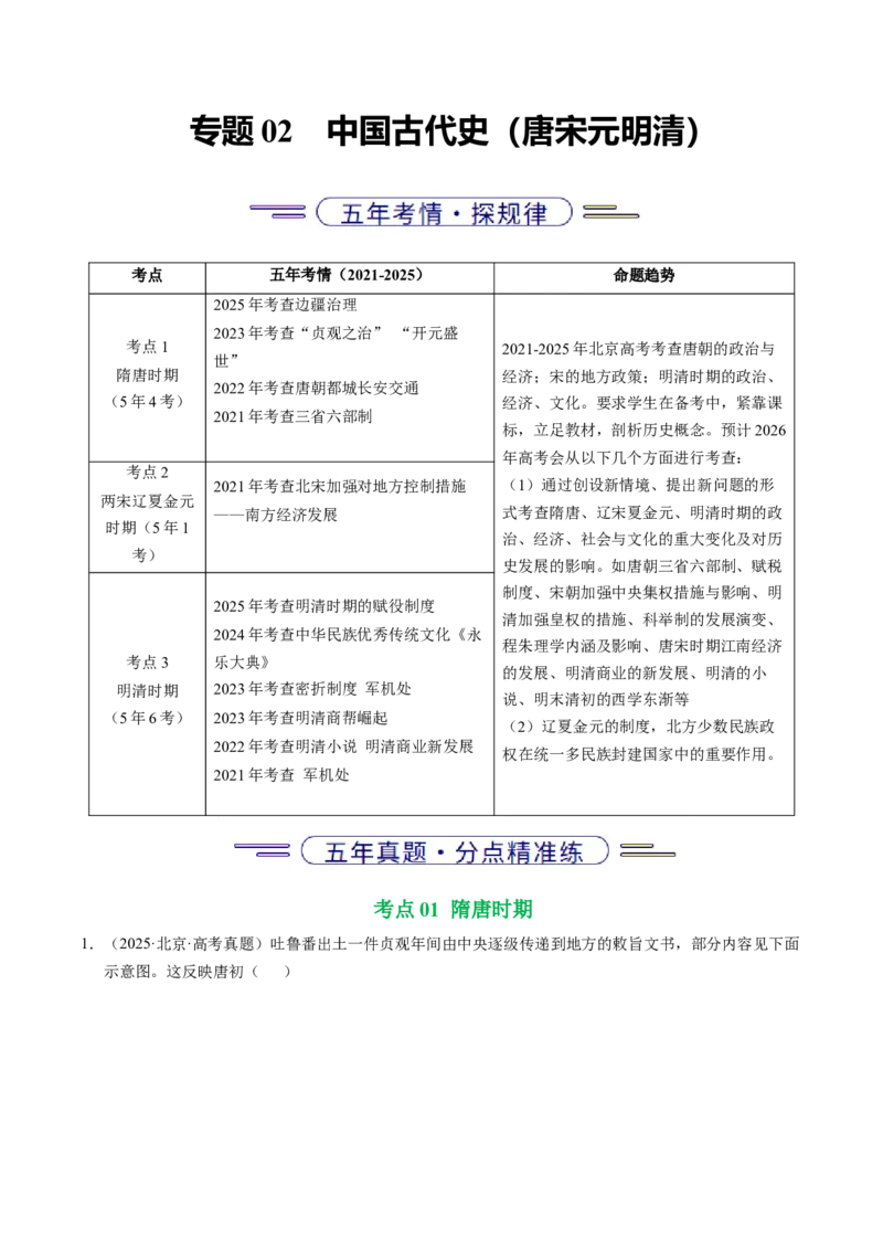 《专题02中国古代史（唐宋元明清）·选择题（北京专用）（学生版）_北京高考全科_历史_五年（2021-2025）高考历史真题分类汇编（北京专用）》第1页预览