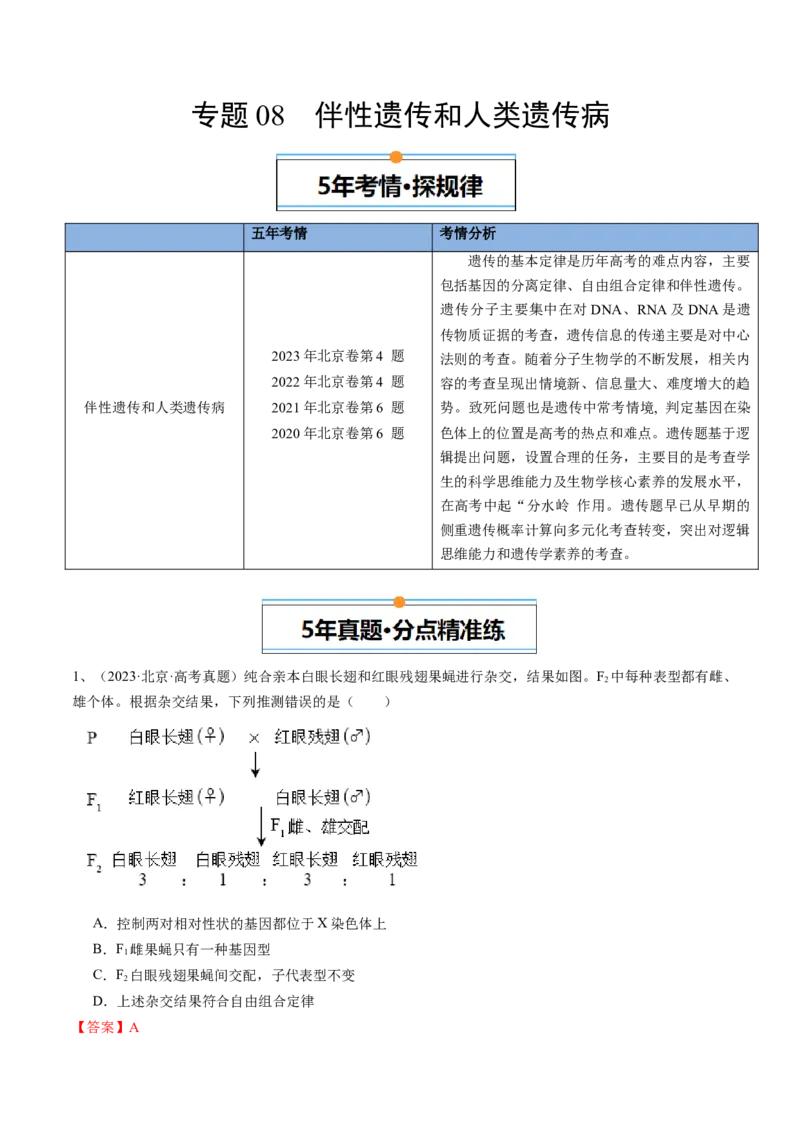 《专题08伴性遗传和人类遗传病（教师版）_北京高考全科_生物_五年（2020-2024）高考生物真题分类汇编（北京专用）》第1页预览