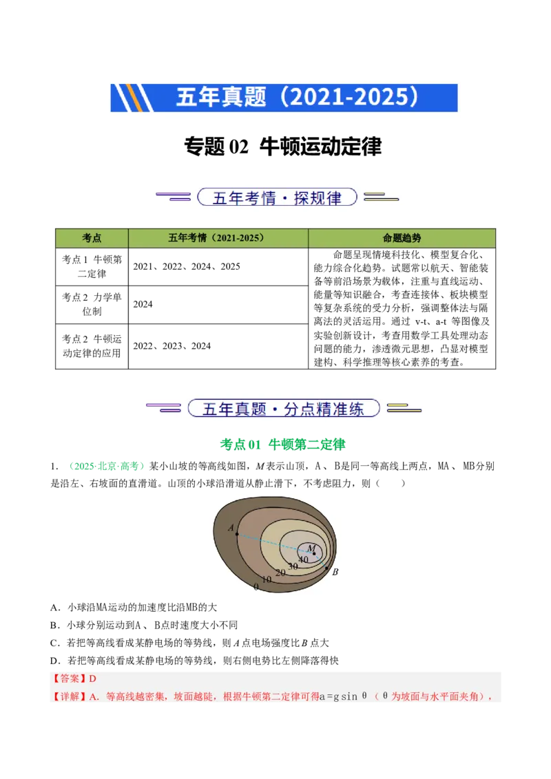《专题02牛顿运动定律（北京专用）（教师版）_北京高考全科_物理_5年（2021-2025）高考物理真题分类汇编（北京专用）》第1页预览