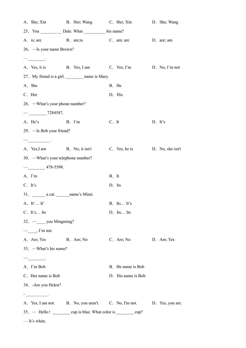 《Unit1重点语法be动词的一般现在时，人称代词主格和形容词性物主代词-七年级英语上册单元重难点易错题精练（人教版）_初中英语789_最新人教版英语七年级上册_英语7上最新改版》第3页预览