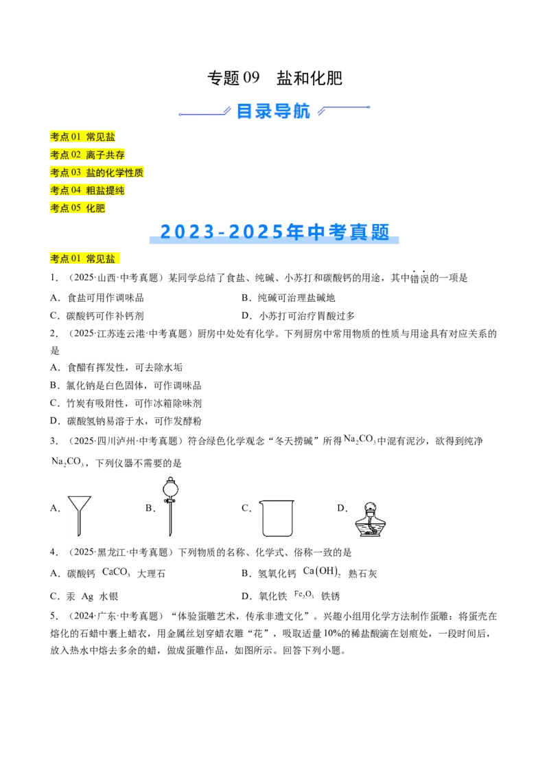 《专题09盐和化肥（学生版）_2026年中考真题分类汇编9科_三年（2023-2025）中考化学真题分类汇编（全国通用）-C432》第1页预览