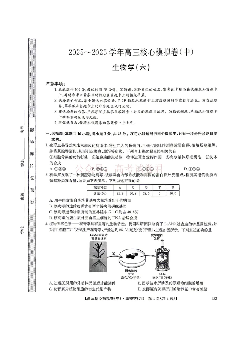 《2026年九师联盟高三核心模拟卷中（六）生物_12.2026年4月全国各地高考模拟卷_2026届九师联盟高三核心模拟卷中（六）全科_06生物_九师联盟高三核心模拟卷中（六）》第1页预览