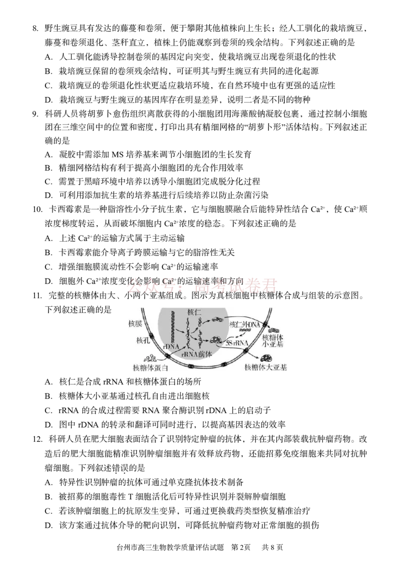 《浙江省台州市2026届高三第二次教学质量评估生物_副本(1)_12.2026年4月全国各地高考模拟卷_2026年4月_2026届浙江台州市高三第二次教学质量评估_06生物_浙江台州市高三第二次教学质量评估》第2页预览