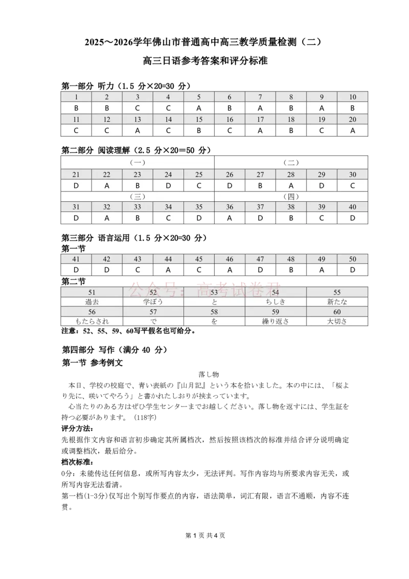 《日语试题卷官方答案_副本_12.2026年4月全国各地高考模拟卷_2026年4月_佛山二测2026年广东省佛山市普通高中教学质量检测（二）全科》第1页预览