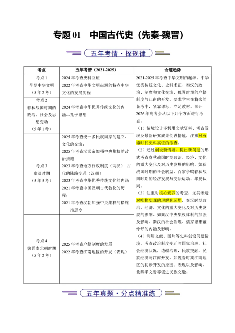 《专题01中国古代史（先秦—魏晋）·选择题（北京专用）（学生版）_北京高考全科_历史_五年（2021-2025）高考历史真题分类汇编（北京专用）》第1页预览