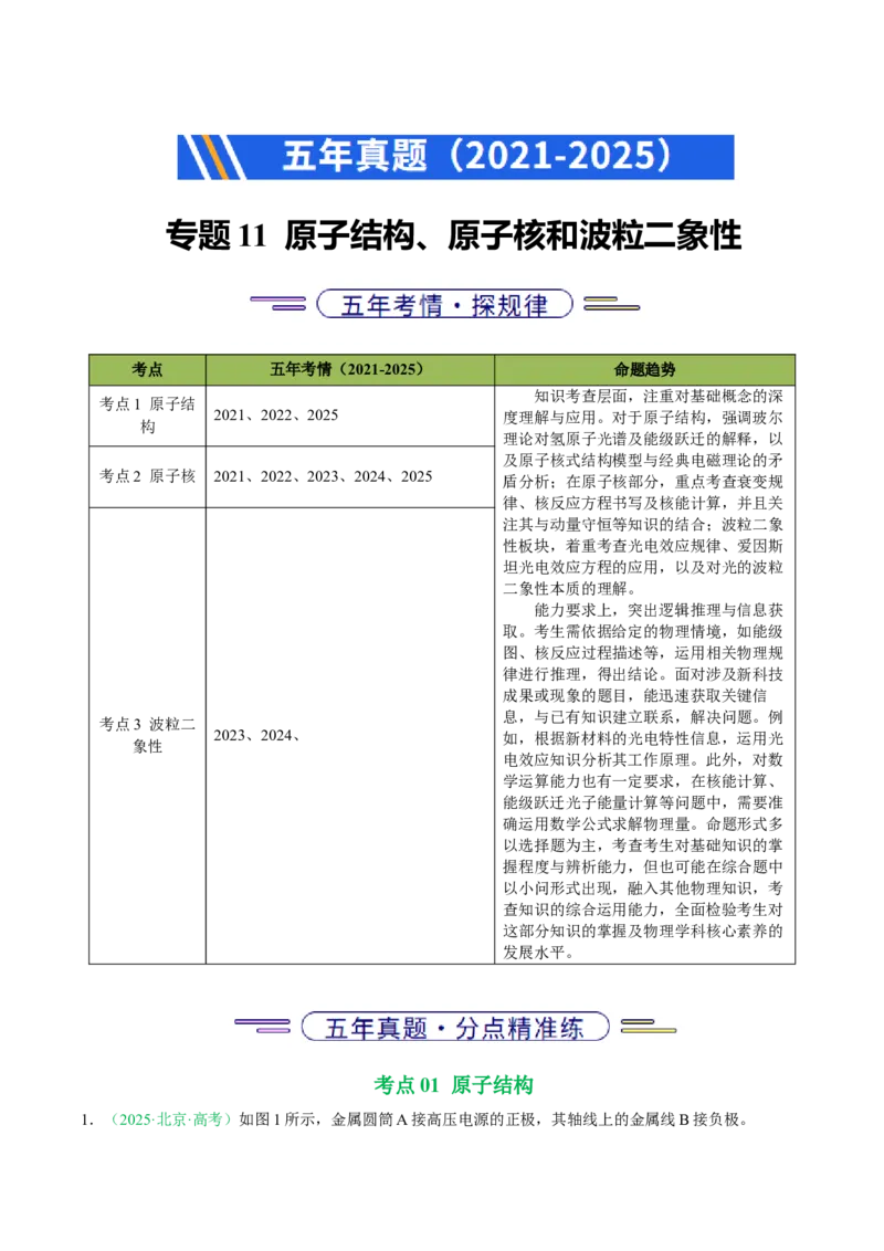 《专题11原子结构、原子核和波粒二象性（北京专用）（教师版）_北京高考全科_物理_5年（2021-2025）高考物理真题分类汇编（北京专用）》第1页预览