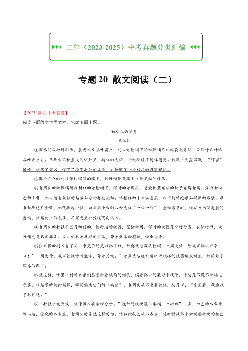 《专题20散文阅读（二）（全国通用）（学生版）_2026年中考真题分类汇编9科_三年（2023-2025）中考语文真题分类汇编（全国通用）-C432》第1页预览