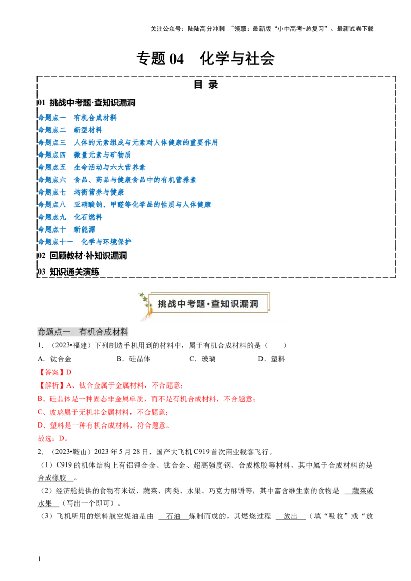 《专题04化学与社会（解析版）(1)_中考-总复习（2026版）_05-化学-中考总复习_2024年中考复习资料_三轮复习_查漏补缺2024年中考化学复习冲刺过关（全国通用）_查补知识•通关练》第1页预览