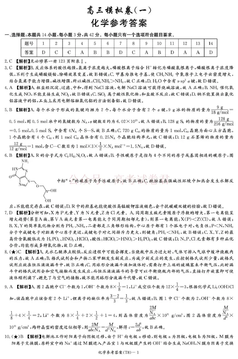 《湖南师大附中2026届高三4月高考模拟考试（一）化学答案_12.2026年4月全国各地高考模拟卷_2026年4月_湖南师大附中模拟卷一2026年湖南师范大学附属中学高三模拟卷(一)全科》第1页预览