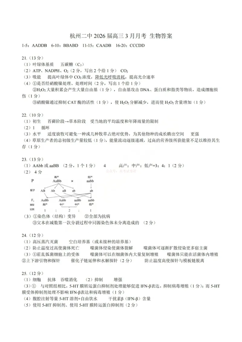 《杭州二中2025学年第二学期高三年级开学考生物答案-_副本_12.2026年4月全国各地高考模拟卷_2026届浙江省杭州二中高三三月月考全科_06生物_浙江省杭州二中高三三月月考》第1页预览