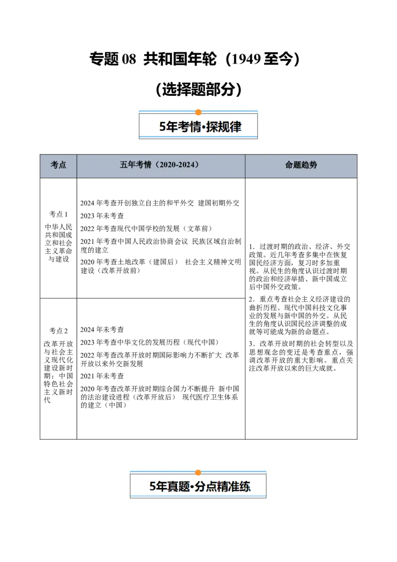 《专题08共和国年轮（1949至今）（教师版）_北京高考全科_历史_五年（2020-2024）高考历史真题分类汇编（北京专用）》第1页预览