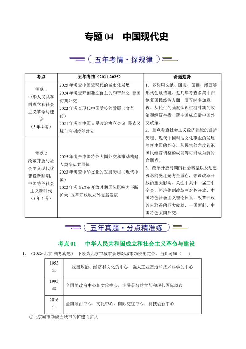 《专题04中国现代史·选择题（北京专用）（学生版）_北京高考全科_历史_五年（2021-2025）高考历史真题分类汇编（北京专用）》第1页预览