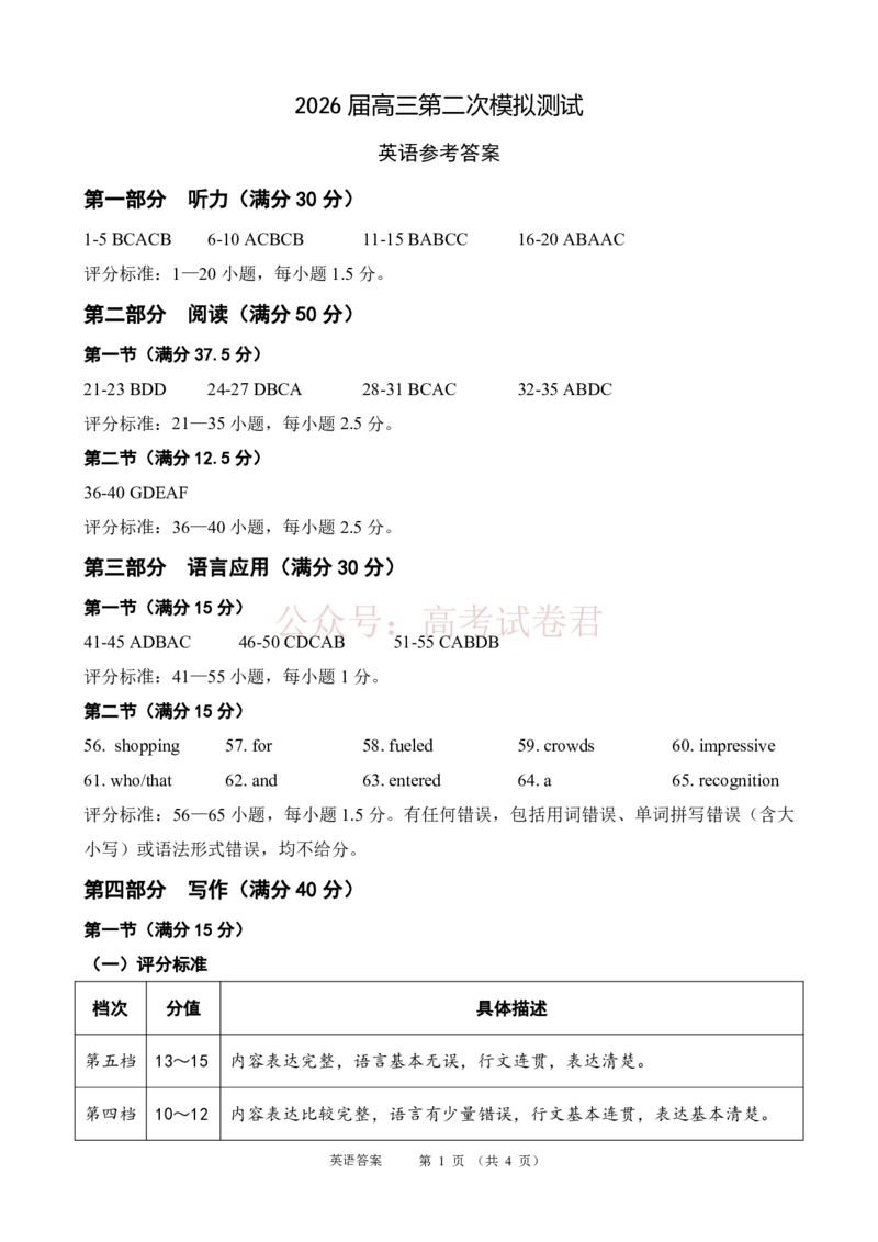 《眉山市2026届高三第二次模拟测试英语答案_副本_12.2026年4月全国各地高考模拟卷_2026年4月_眉山二模2026年四川省眉山市高三第二次模拟测试全科》第1页预览