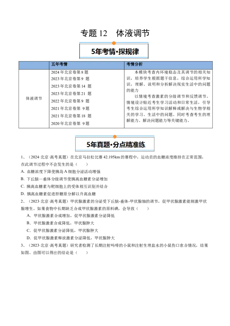 《专题12体液调节（学生版）_北京高考全科_生物_五年（2020-2024）高考生物真题分类汇编（北京专用）》第1页预览