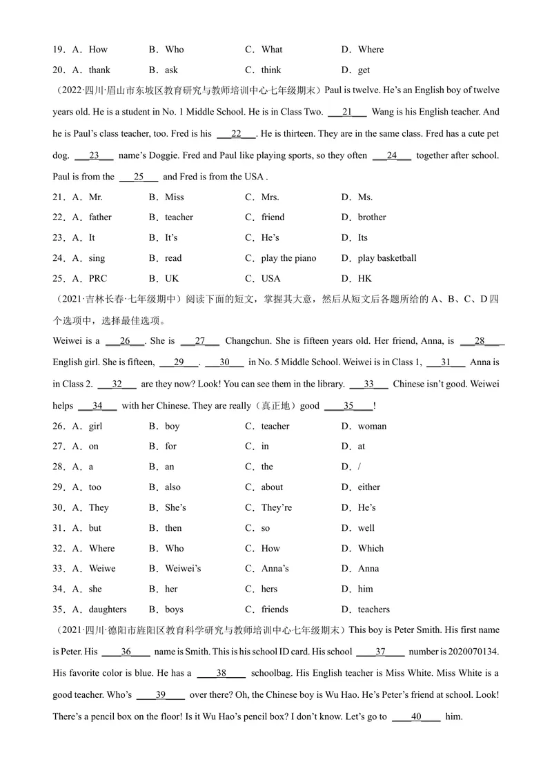 《Unit1单元话题完形填空专项练习-七年级英语上册单元重难点易错题精练（人教版）_初中英语789_最新人教版英语七年级上册_英语7上最新改版_04.英语7上-试题_专题训练》第2页预览