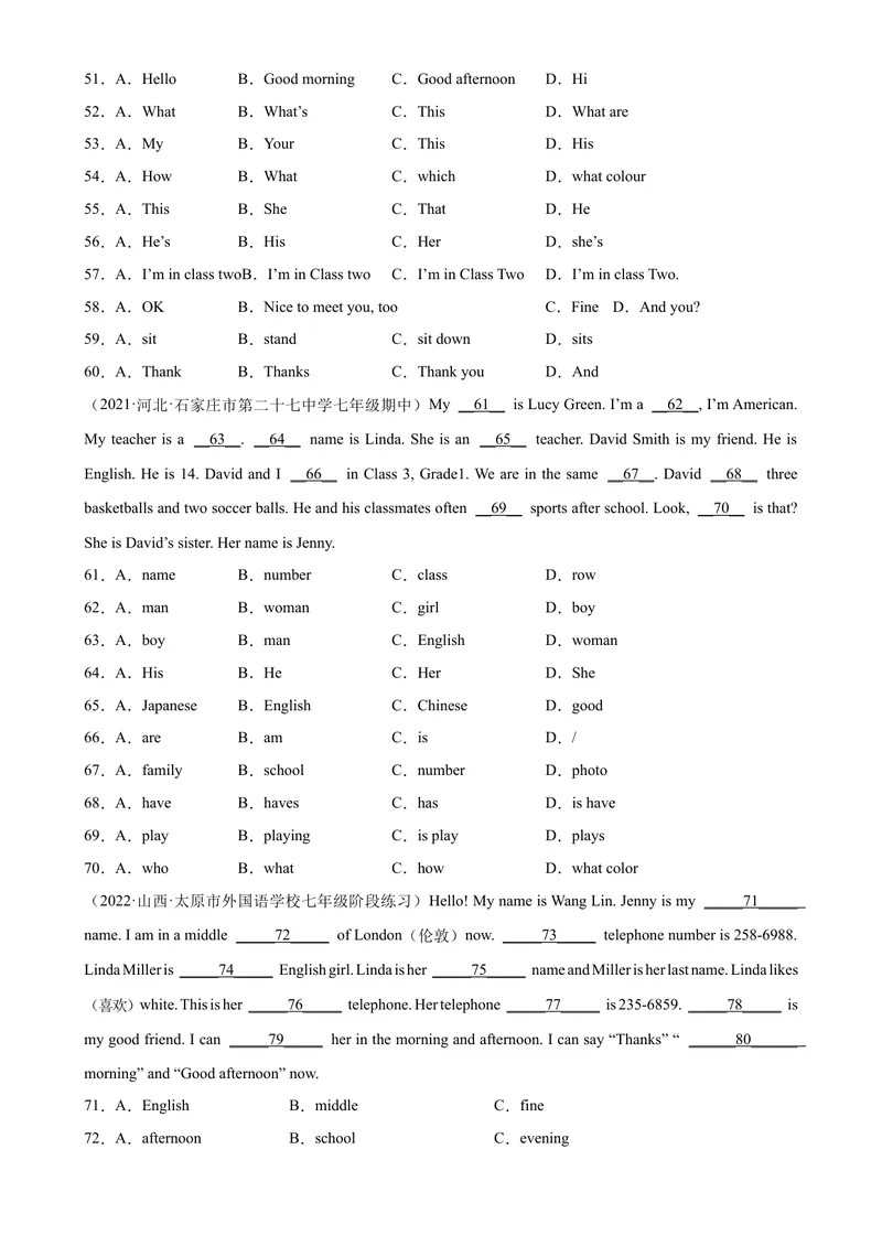 《Unit1单元话题完形填空专项练习-七年级英语上册单元重难点易错题精练（人教版）_初中英语789_最新人教版英语七年级上册_英语7上最新改版_04.英语7上-试题_专题训练》第4页预览