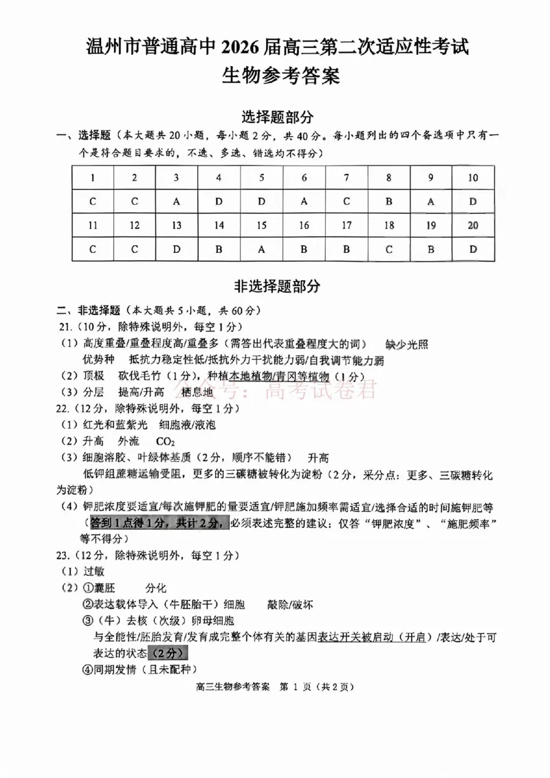 《2026年浙江省温州市高三第二次适应性考试生物答案_副本_12.2026年4月全国各地高考模拟卷_2026年4月_2026届浙江省温州市高三第二次适应性考试全科》第1页预览