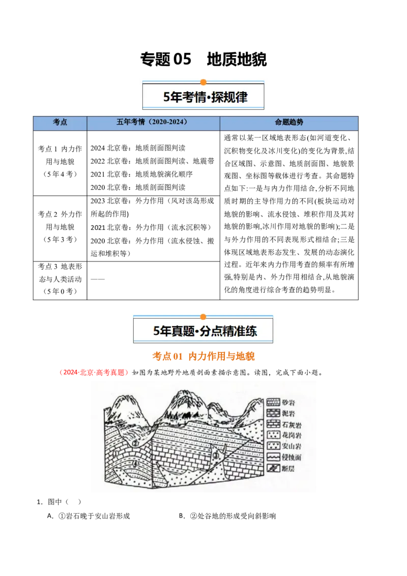 《专题05地质地貌-（北京专用）（学生版）_北京高考全科_地理_五年（2020-2024）高考地理真题分类汇编（北京专用）》第1页预览