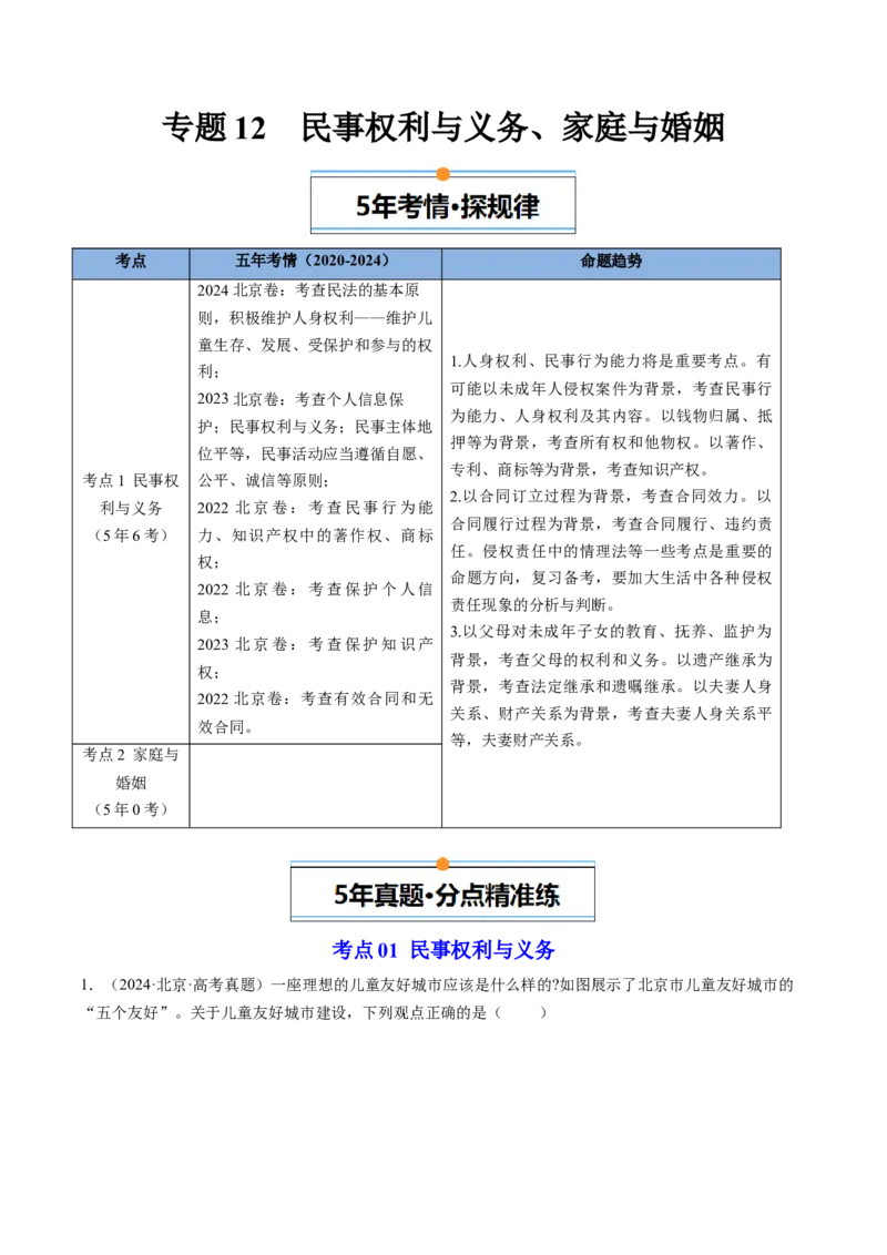 《专题12民事权利与义务、家庭与婚姻（北京专用）（教师版）_北京高考全科_政治_五年（2020-2024）高考政治真题分类汇编（北京专用）》第1页预览
