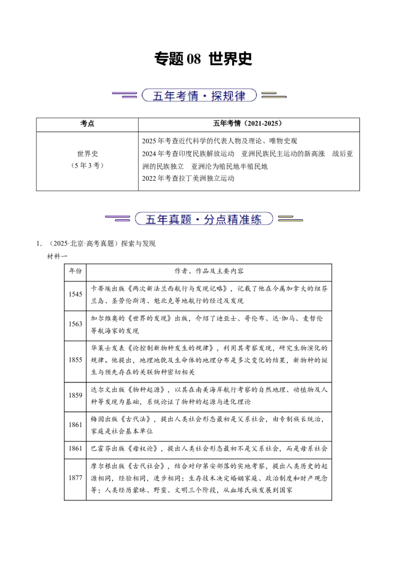《专题08世界史·材料分析题（北京专用）（教师版）_北京高考全科_历史_五年（2021-2025）高考历史真题分类汇编（北京专用）》第1页预览