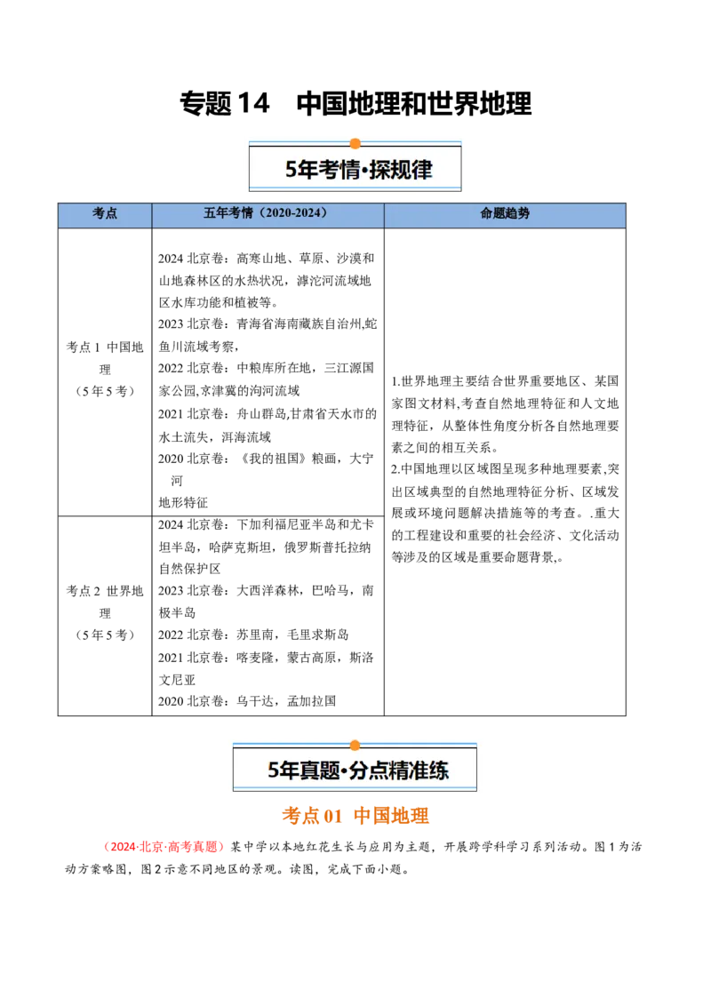 《专题14中国地理和世界地理-（北京专用）（教师版）_北京高考全科_地理_五年（2020-2024）高考地理真题分类汇编（北京专用）》第1页预览