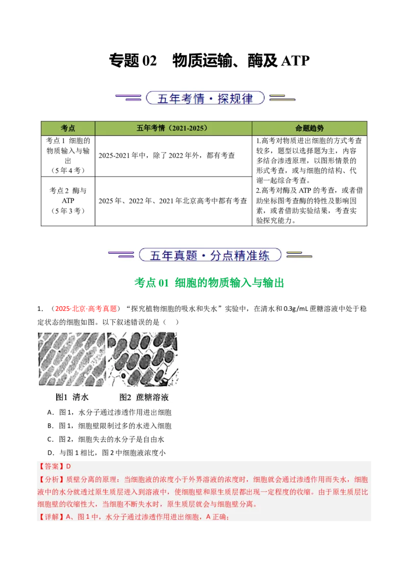 《专题02物质运输、酶及ATP（教师版）_北京高考全科_生物_5年（2021-2025）高考生物真题分类汇编（北京专用）》第1页预览