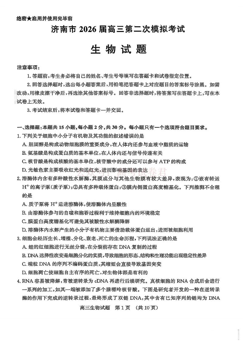 《山东济南市2026届高三第二次模拟考试生物试题_12.2026年4月全国各地高考模拟卷_2026年4月_山东济南二模2026年山东省济南市高三第二次模拟考试全科》第1页预览
