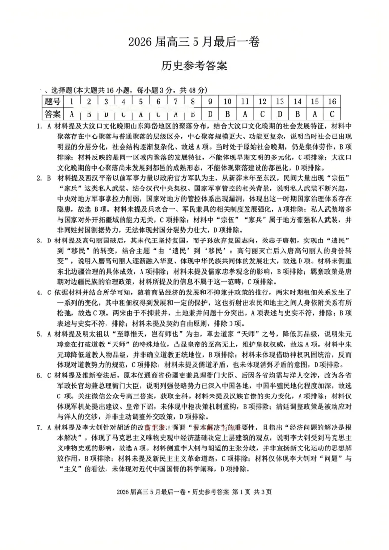 《历史答案-安徽A10联盟2026届高三下学期5月最后一卷_2024-2027高三（6-6月题库）_2026年05月高三试卷_260517安徽省1号卷A10联盟2026届高三年级5月最后一卷（全科）》第1页预览
