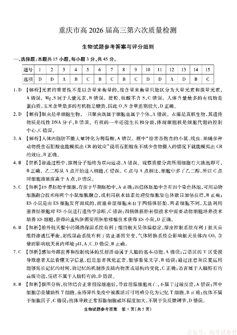 《重庆市南开中学高2026届高三第六次质量检测生物答案_12.2026年4月全国各地高考模拟卷_2026届重庆市南开中学高高三第六次质量检测（全科）》第1页预览