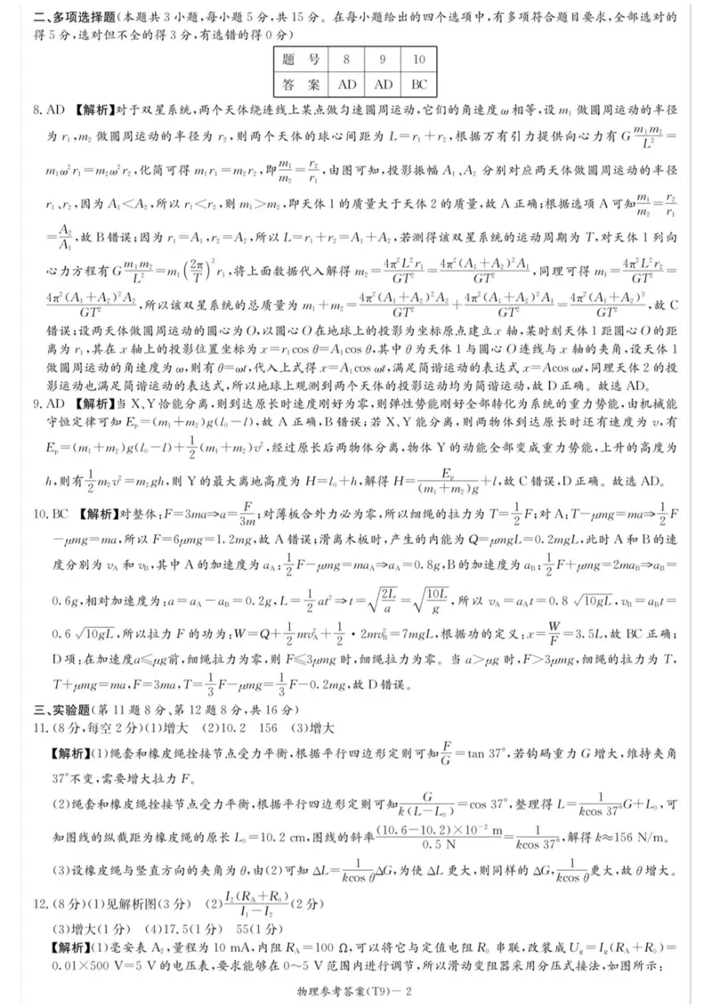 《师大附中2026届高三月考试卷（九）物理答案_2024-2027高三（6-6月题库）_2026年05月高三试卷_260515湖南省师大附中2026届高三月考试卷（九）（全科）》第2页预览
