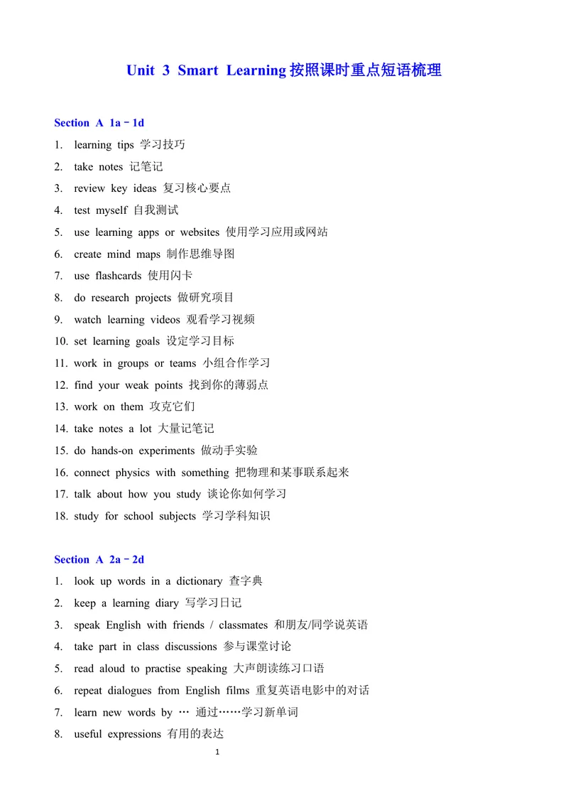 《Unit3SmartLearning按照课时重点短语梳理_初中英语789_26秋最新人教版英语九年级上册_26秋人教九上_09、单元重点短语梳理word版》第1页预览