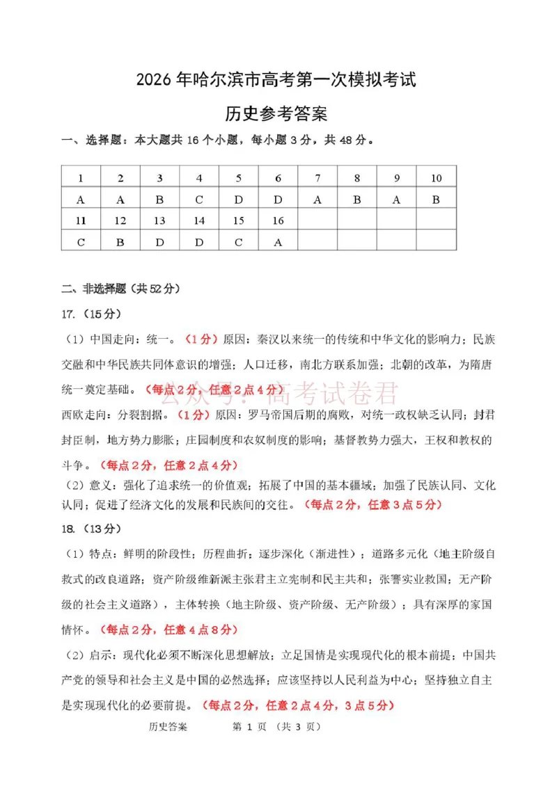 《黑龙江省哈尔滨市2026年高三第一次模拟考试历史答案(2)_12.2026年4月全国各地高考模拟卷_2026年4月_2026届黑龙江省哈尔滨市高三下学期第一次模拟考试全科》第1页预览