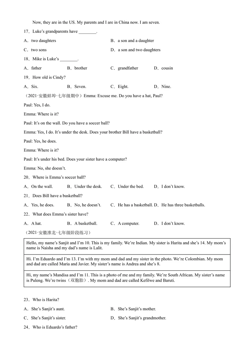 《Unit2单元话题阅读理解专项练习-七年级英语上册单元重难点易错题精练（人教版）_初中英语789_最新人教版英语七年级上册_英语7上最新改版_04.英语7上-试题_专题训练》第3页预览