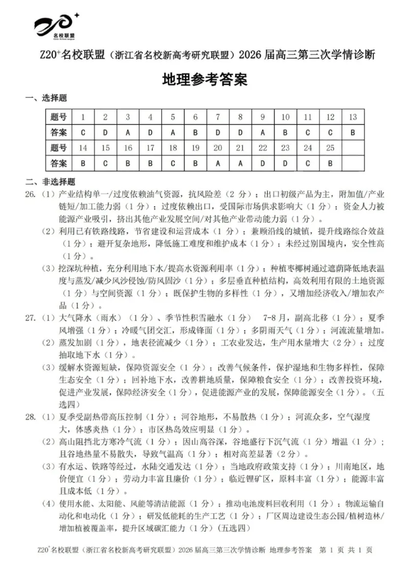 《地理答案-浙江省Z20联盟_2024-2027高三（6-6月题库）_2026年05月高三试卷_260517浙江省Z20联盟2026届高三年级第三次学情诊断（全科）》第1页预览
