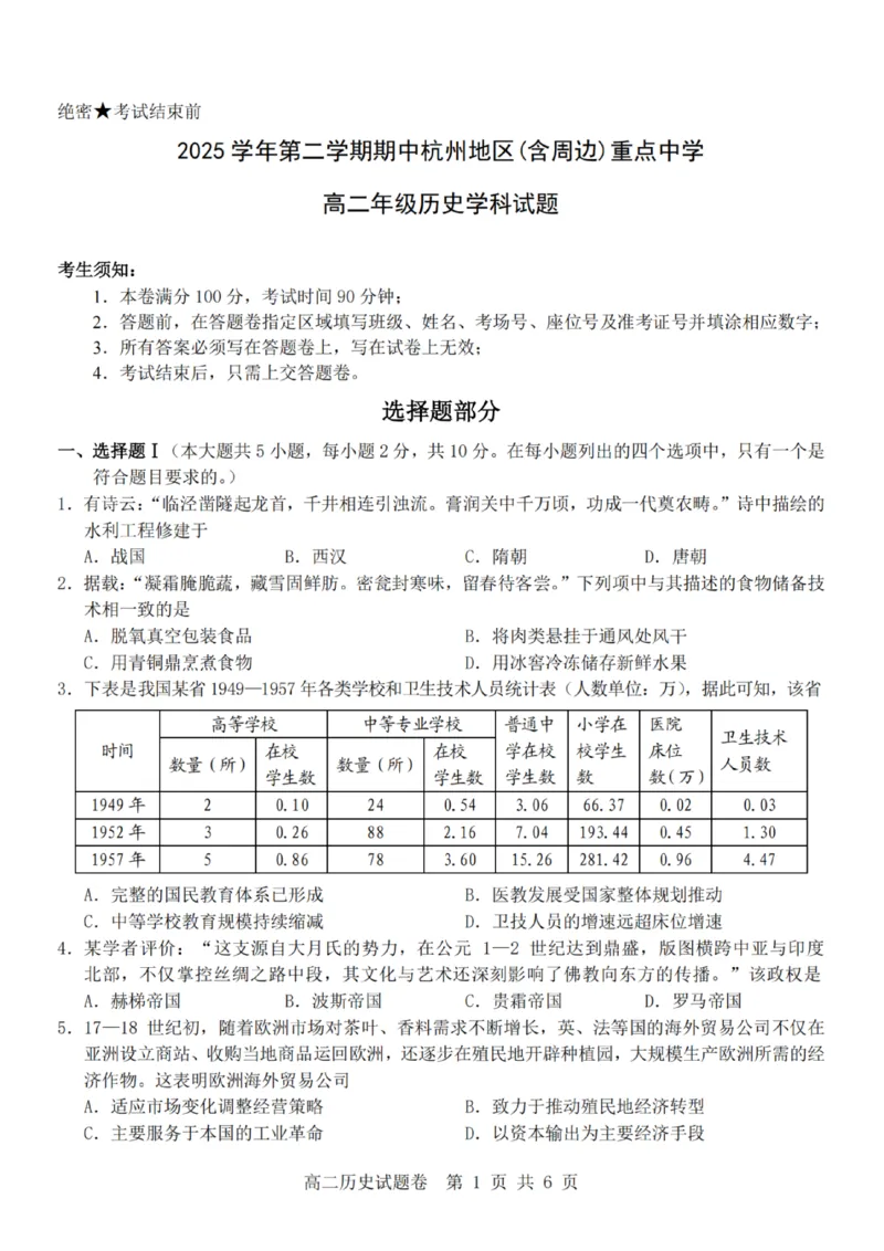 《历史试题卷_2024-2027高二（7-7月题库）_2026年04月高二试卷_260426杭州地区(含周边)重点中学2025学年高二第二学期期中联考（全科）》第1页预览