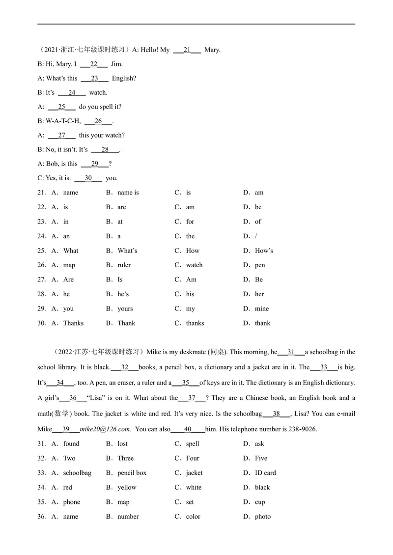 《Unit3单元话题完形填空专项练习-七年级英语上册单元重难点易错题精练（人教版）_初中英语789_最新人教版英语七年级上册_英语7上最新改版_04.英语7上-试题_专题训练》第2页预览