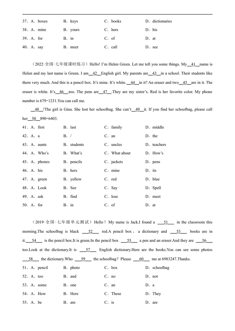 《Unit3单元话题完形填空专项练习-七年级英语上册单元重难点易错题精练（人教版）_初中英语789_最新人教版英语七年级上册_英语7上最新改版_04.英语7上-试题_专题训练》第3页预览