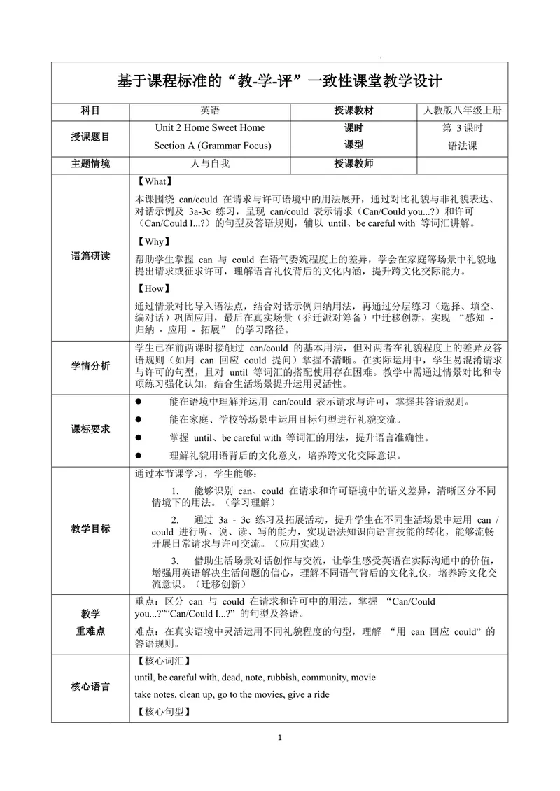 《Unit2课时3SectionA(GrammarFocus)（教学设计）英语人教版2024八年级上册_初中英语789_最新人教版英语八年级上册_新版_初中英语8上新更新第二套可选择_01课件+教案+导学案+分层作业_U2》第1页预览