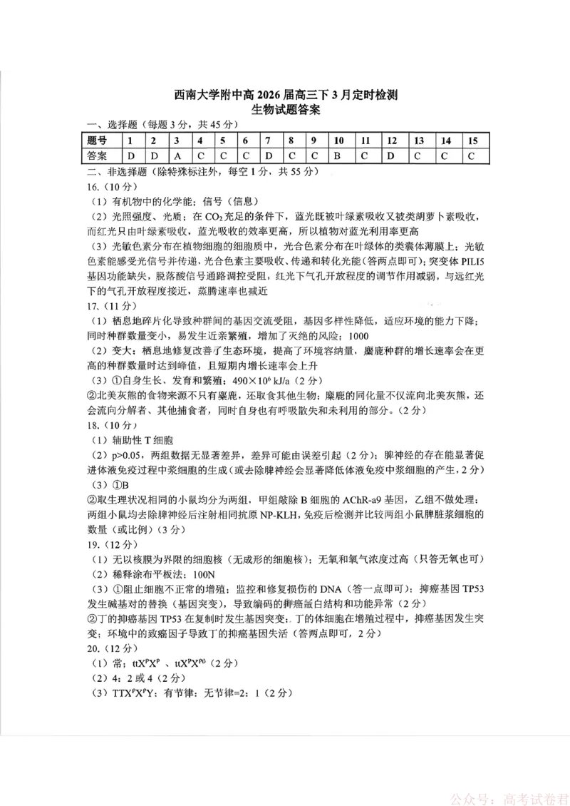 《西南大学附属中学校2025-2026学年高三下学期开学考试生物试题答案_12.2026年4月全国各地高考模拟卷_2026届西南大学附属中学高三下学期开学考试》第1页预览