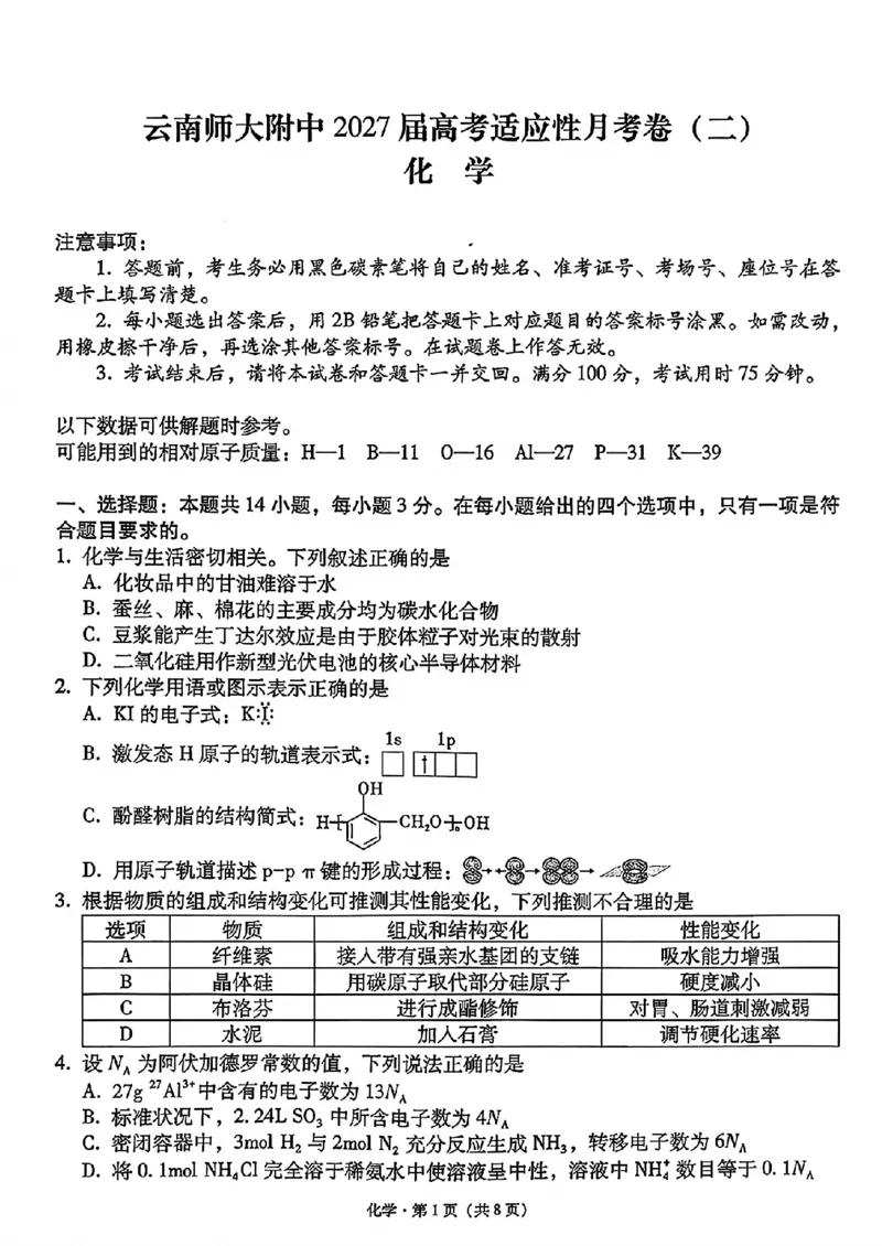 《云师大附中高三上学期开学考化学试卷_2027届高考化学模拟卷②（精选十套）_云师大附中高三上学期开学考化学》第1页预览