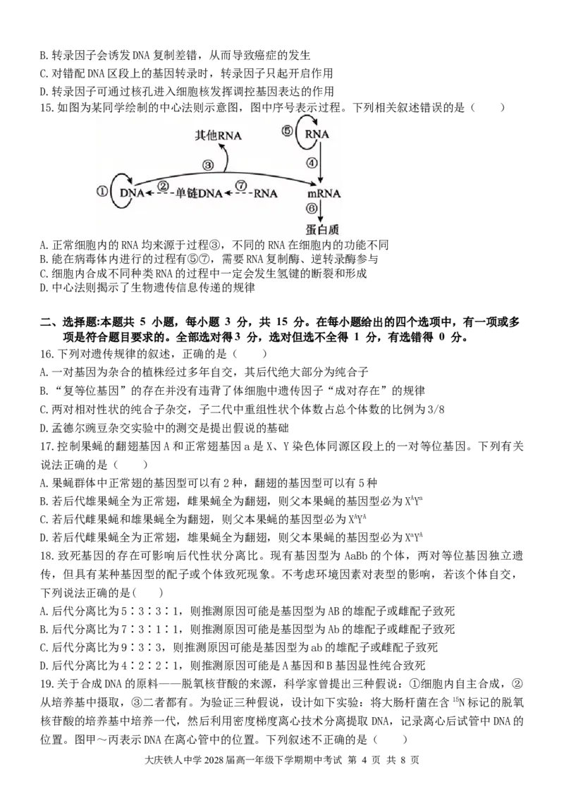 《大庆铁人中学2025级高一年级下学期期中考试生物试题_2024-2027高一（7-7月题库）_2026年06月高一试卷_260603黑龙江省大庆铁人中学2025-2026学年高一下学期6月期中考试（全）》第4页预览