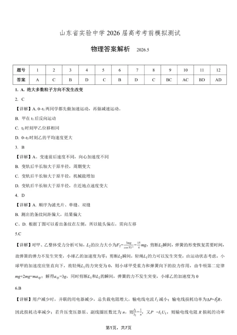 《山东实验中学2026届高三下学期考前模拟测试物理答案_2024-2027高三（6-6月题库）_2026年06月高三试卷（数理化）_2026年6月高中物理试卷汇编_0601物理》第1页预览
