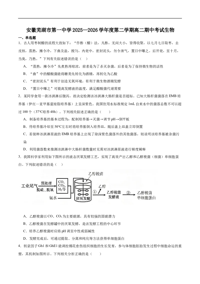 《安徽省芜湖市第一中学2025-2026学年高二下学期期中教学质量检测生物试卷（含答案）_2024-2027高二（7-7月题库）_2026年05月高二试卷》第1页预览