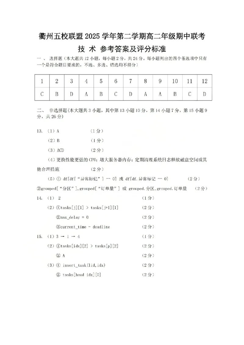 《技术答案-2604高二衢州五校_2024-2027高二(7-7月题库)_2026年04月高二试卷_260421浙江衢州五校联考2025-2026学年高二下学期期中(全科)_浙江衢州五校联考2025-2026学年高二下学期期中技术》第1页预览