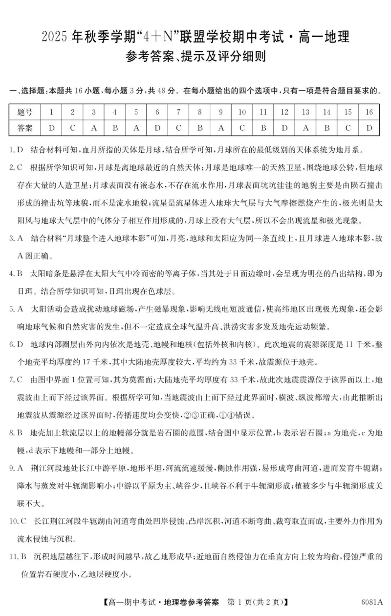 《南宁4+N联盟2025秋季期中高一地理答案_2026年高一《月考+期中考+阶段性检测真题合集》全国各省全科无水印_广西南宁市“4+N”联盟学校2026学年高一上学期期中考试》第1页预览
