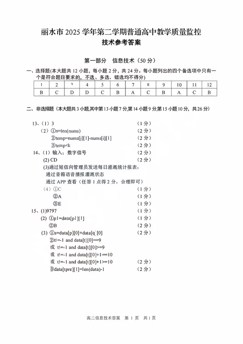 《技术答案-2606丽水高二期末_2024-2027高二（7-7月题库）_2026年06月高二试卷_260627浙江省丽水市2025-2026学年高二下学期6月期末教学质量监控（全）》第1页预览