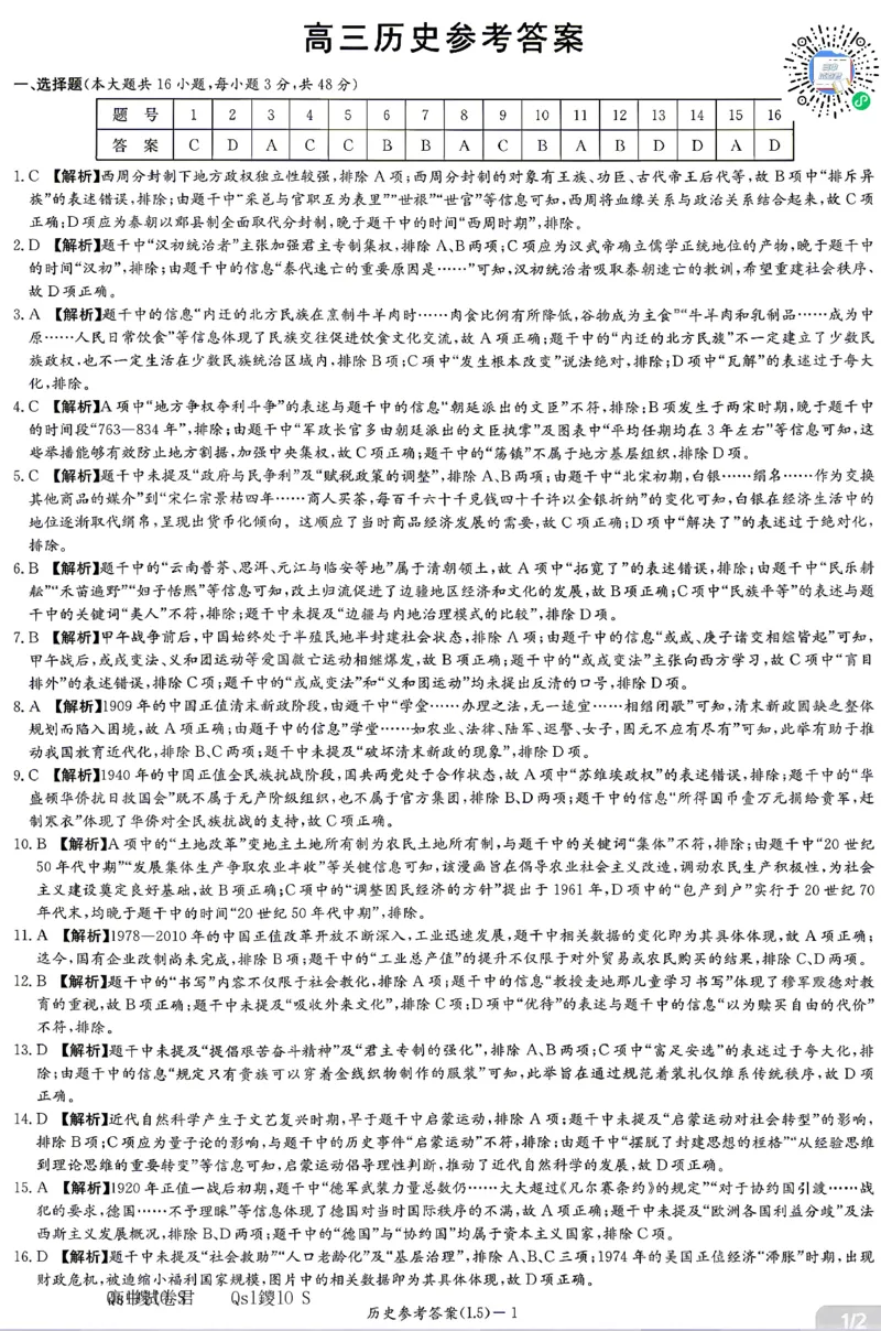 《历史答案-湖南炎德英才联考2026届高三5月考前模拟_2024-2027高三（6-6月题库）_2026年05月高三试卷_260511湖南炎德英才联考2026届高三5月考前模拟（5月7-9）（全科）》第1页预览