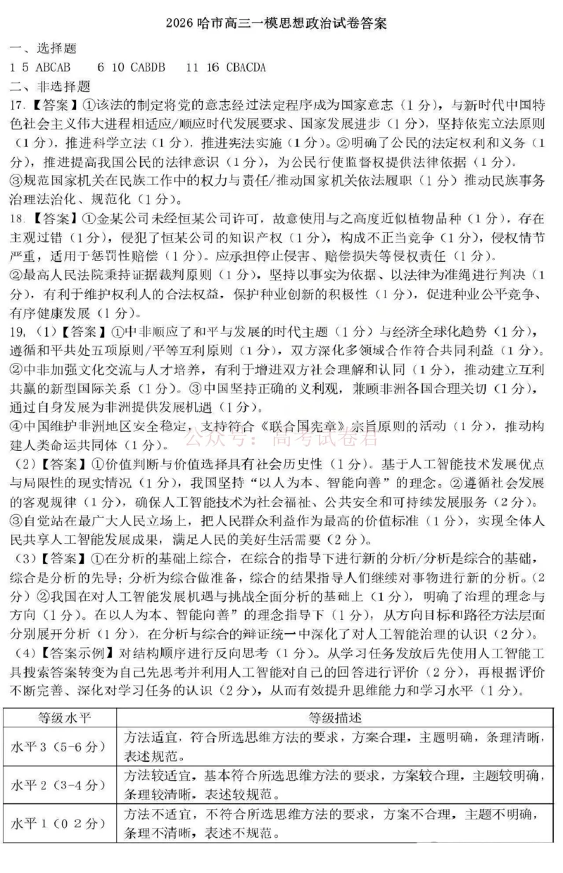 《黑龙江省哈尔滨市2026年高三第一次模拟考试政治答案_12.2026年4月全国各地高考模拟卷_2026年4月_2026届黑龙江省哈尔滨市高三下学期第一次模拟考试全科》第1页预览
