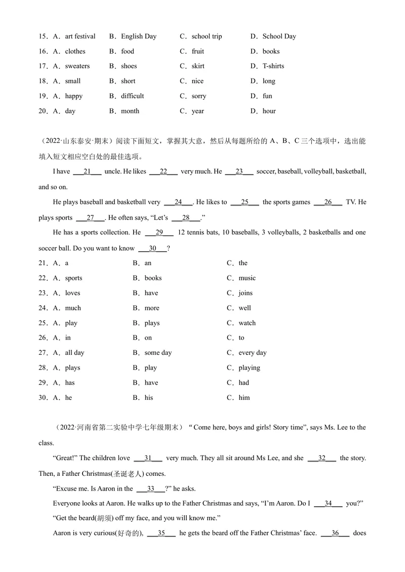 《Unit2单元话题完形填空精练-七年级英语上册单元重难点易错题精练（人教版）_初中英语789_最新人教版英语七年级上册_英语7上最新改版_04.英语7上-试题_专题训练》第2页预览