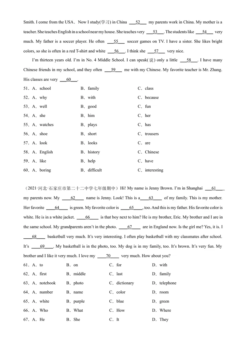 《Unit2单元话题完形填空精练-七年级英语上册单元重难点易错题精练（人教版）_初中英语789_最新人教版英语七年级上册_英语7上最新改版_04.英语7上-试题_专题训练》第4页预览